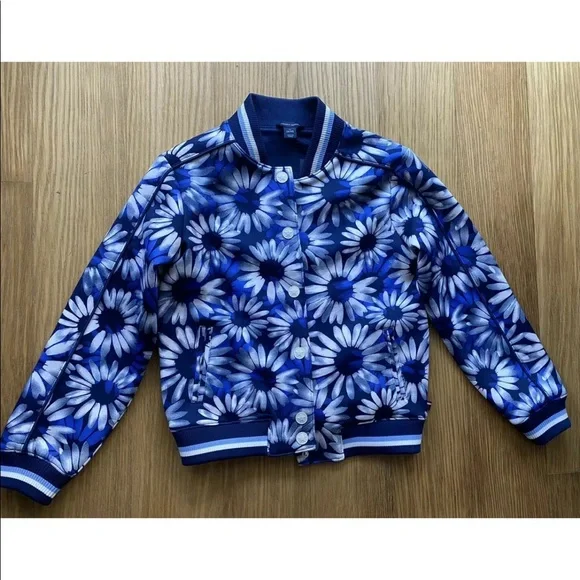 New Tommy Hilfiger Girl Blue Floral PrintBaseball Jacket Bomber Size M 8-10